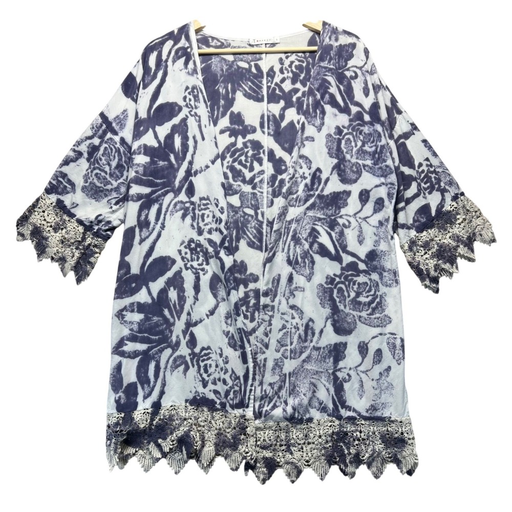 Y2K T Party Purple Floral Kimono Crochet Lace‎ Trim Boho Womens Large Beach